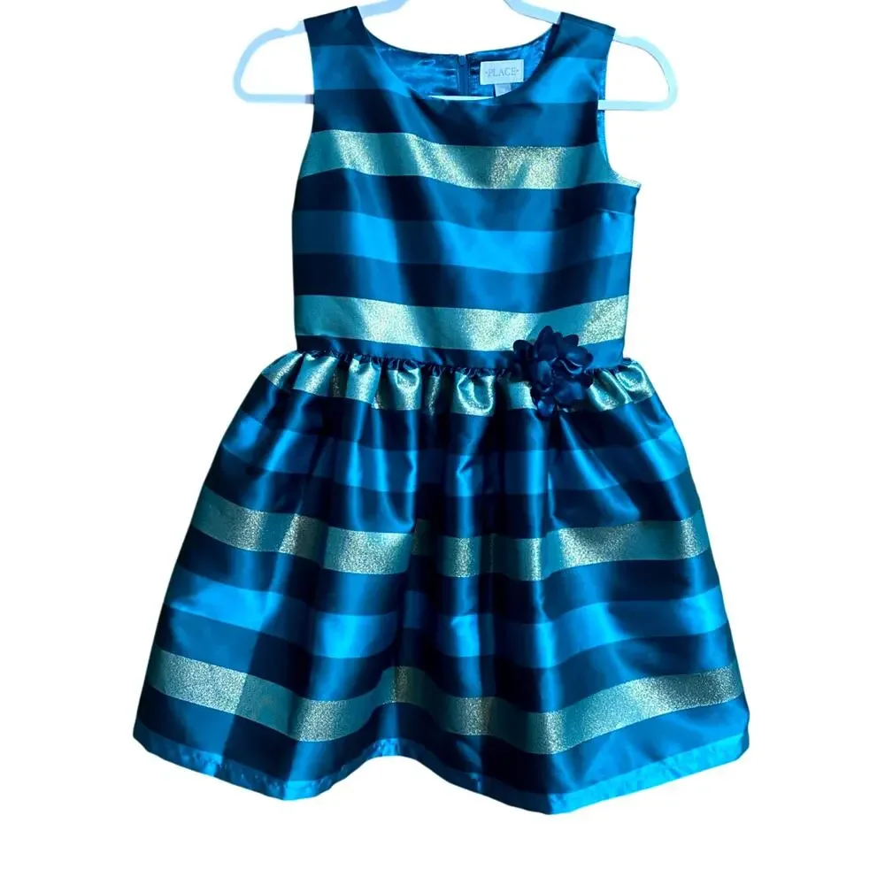 Place Girls Holiday Dress Size 12 Blue Green Stripes Flower Applique Christmas